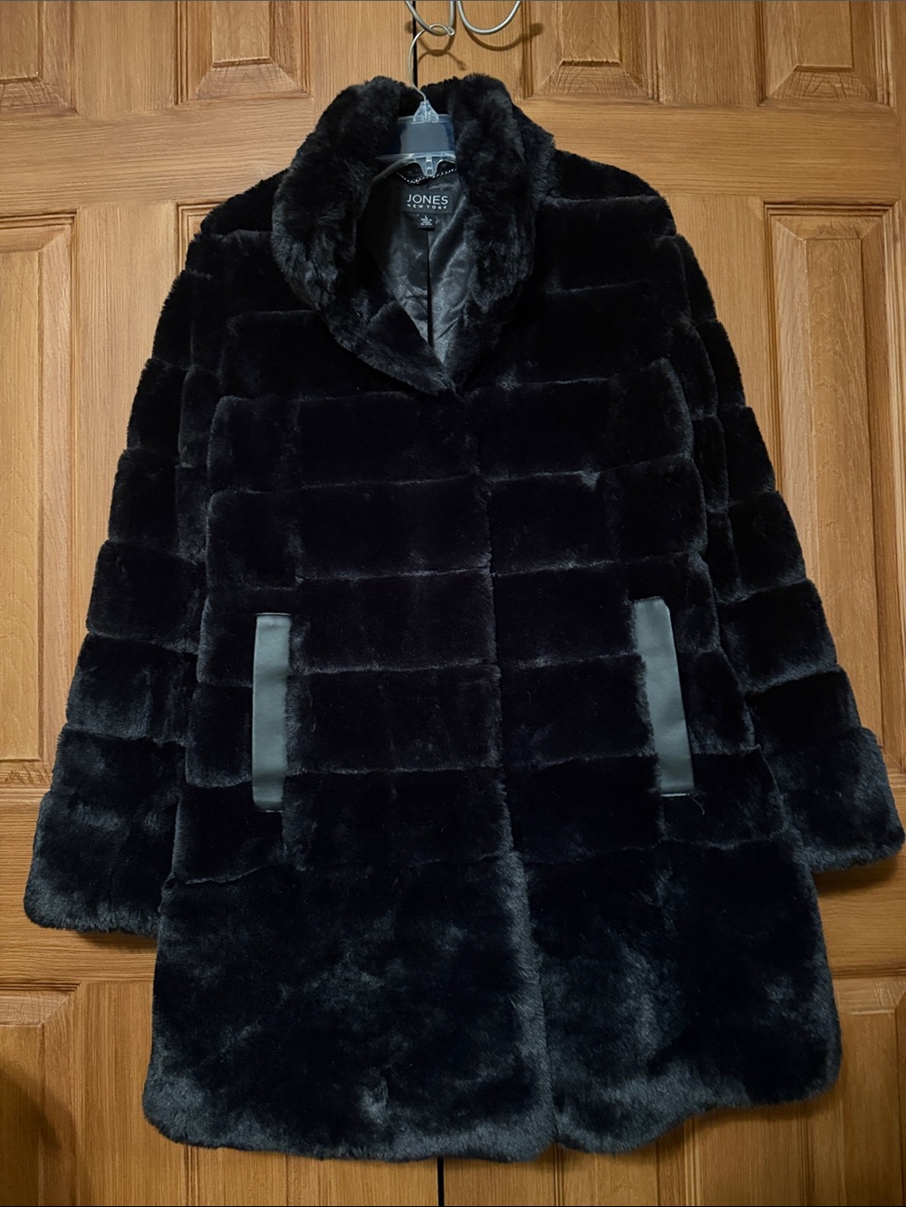 Jones New York Plush Black Faux Fur Paneled Coat - Size L NWOT
